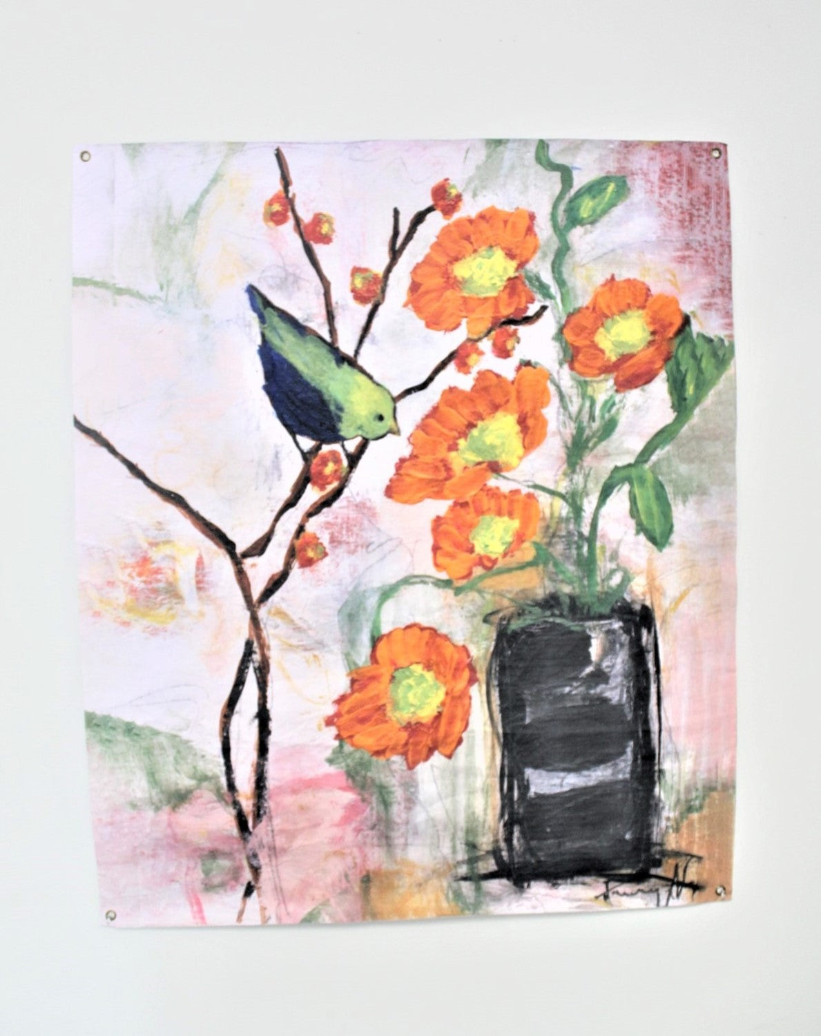 Vase Of Flowers with Bird Art Paper, Orange and Green