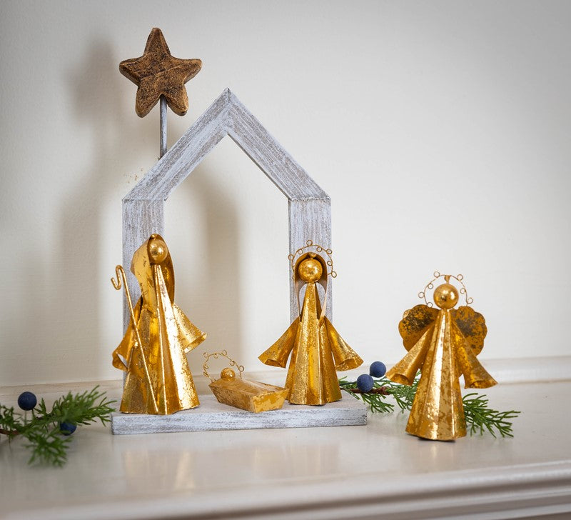 Mini Holy Family with Angel, Gold Leafed Set