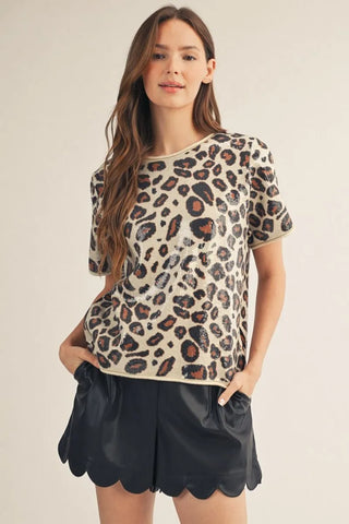 Pre Order 11/15 Oatmeal Short Sleeve Sequin Covered Leopard Sweater Top