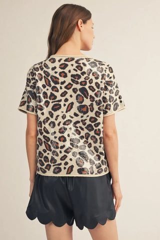 Pre Order 11/15 Oatmeal Short Sleeve Sequin Covered Leopard Sweater Top