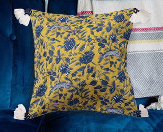 18" Cotton Pillow w/ Floral Pattern & Yarn Wrapped Tassels