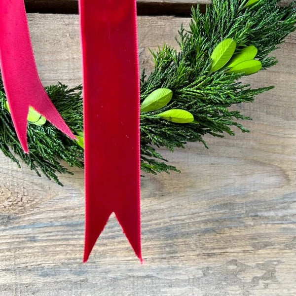 Boxwood Wreath with Burgundy Ribbon, Size Options