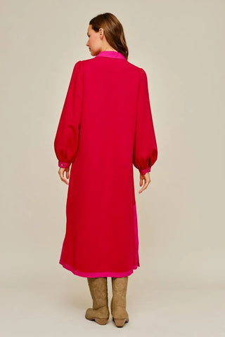 Red Long Puff Sleeves Solid Midi Dress with Side Slit