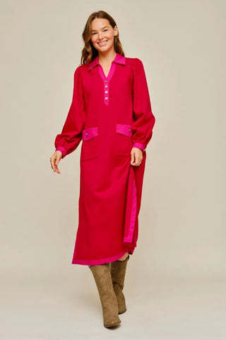 Red Long Puff Sleeves Solid Midi Dress with Side Slit