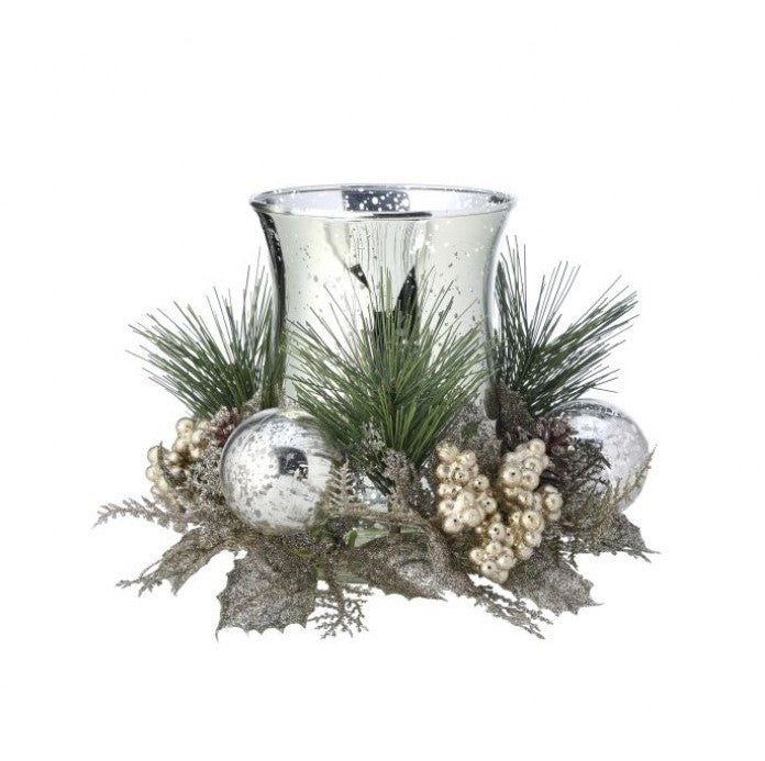 10" Glitter Berry Pine Ball Centerpiece with Hurricane