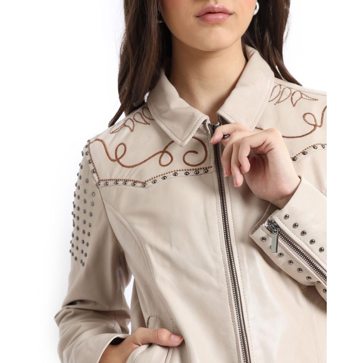Beige Embroidered Studded Leather Jacket, Size Options