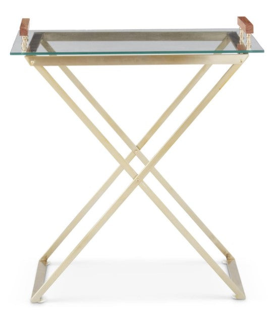 32.75 Inch Gold Metal Framed Bar Table w/Glass Tray Top