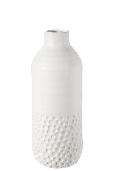 Ceramic Round Bottle Vase with Ribbed and Bottom Debossed Dotted Pattern, Sizing Options