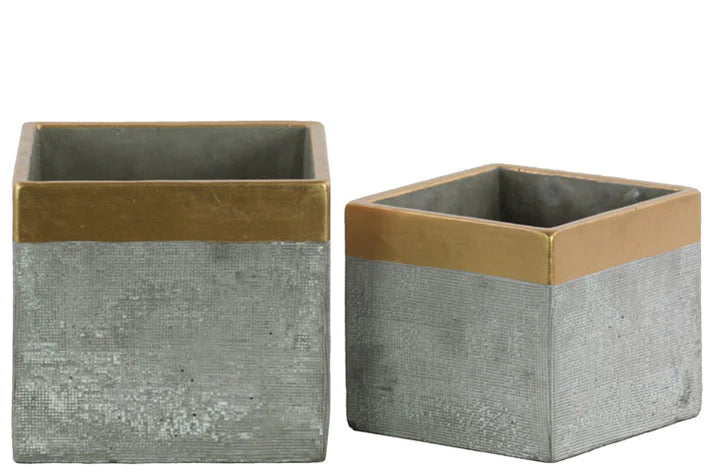Cement Square Flower Pot with Gold Banded Rim Top, Sizing Options
