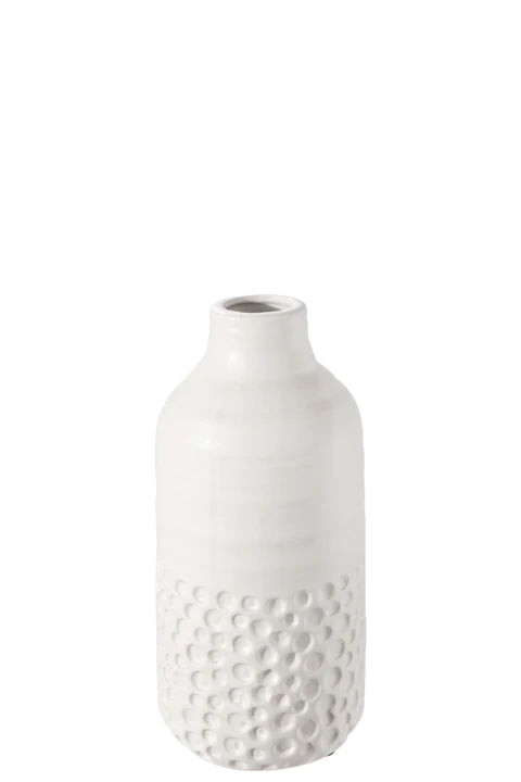 Ceramic Round Bottle Vase with Ribbed and Bottom Debossed Dotted Pattern, Sizing Options