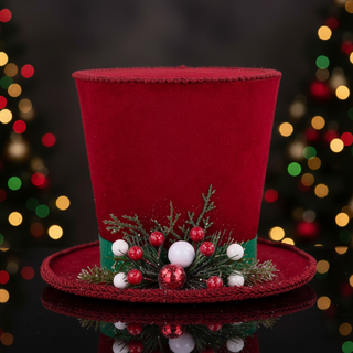 Classic Red Holiday Top Hat w/ Holly & Pine