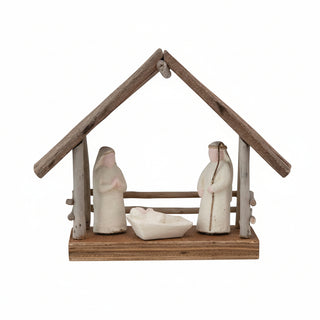 Handmade Driftwood & Paper Mache Nativity on Wood Base