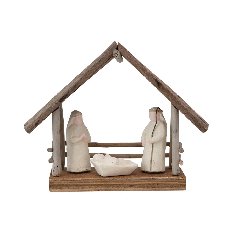 Handmade Driftwood and Paper Mache Nativity with Wood Base