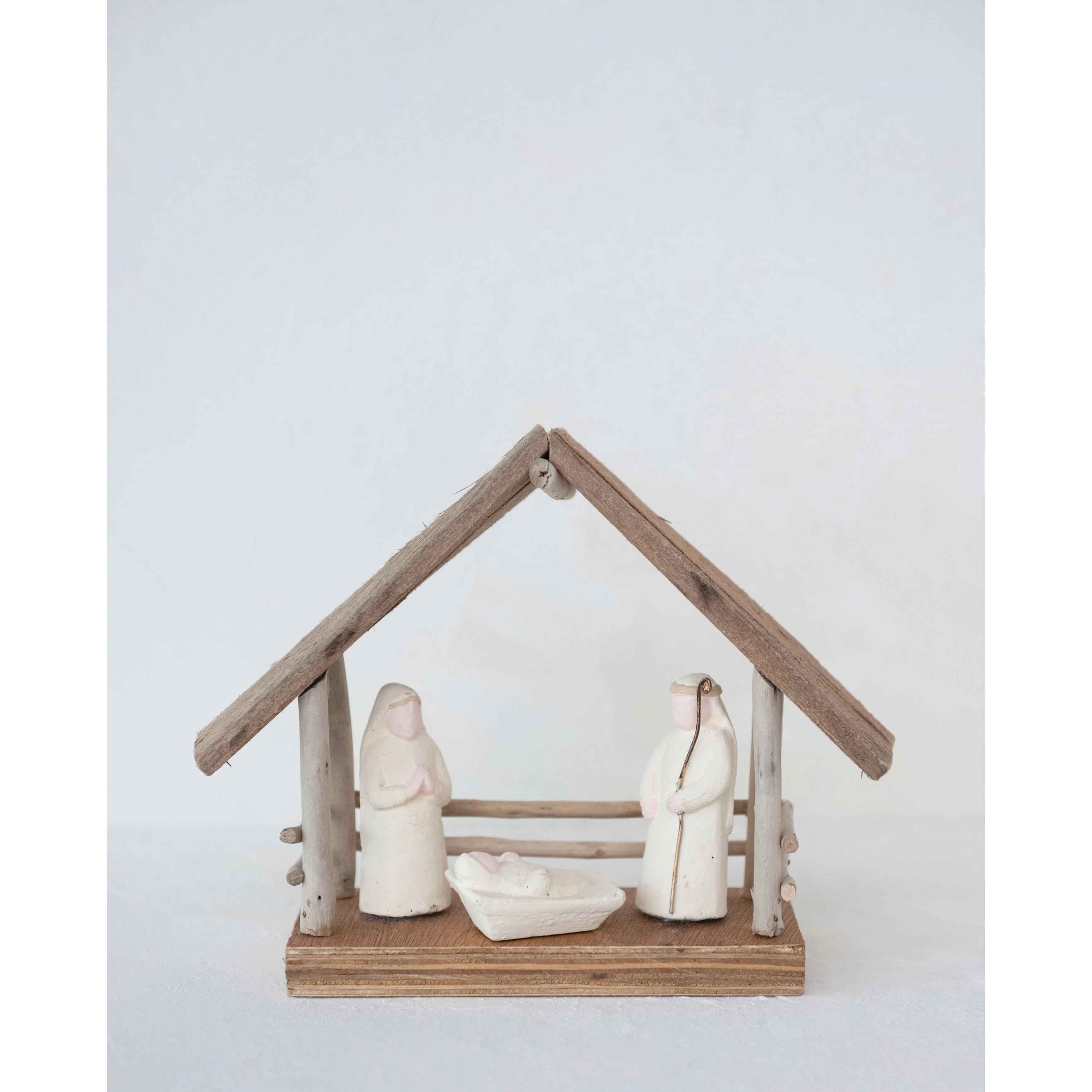 Handmade Driftwood and Paper Mache Nativity with Wood Base