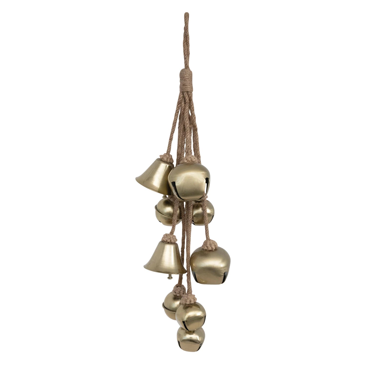 16"H Metal Bell Cluster with Jute Rope, Antique Brass Finish