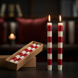 Set of 2 Cream & Red Striped Taper Candles