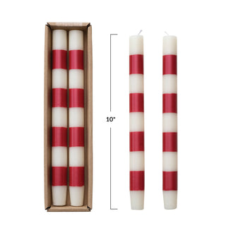 Set of 2 Cream & Red Striped Taper Candles