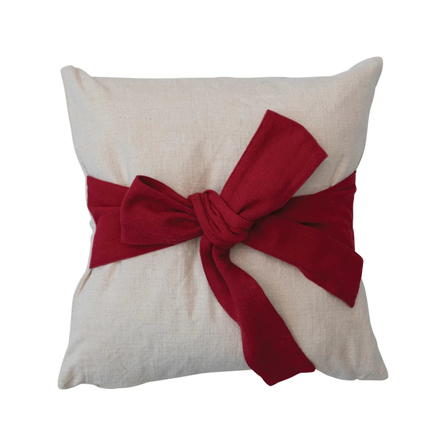 18" Square Hand-Woven Cotton Slub Pillow with Bow