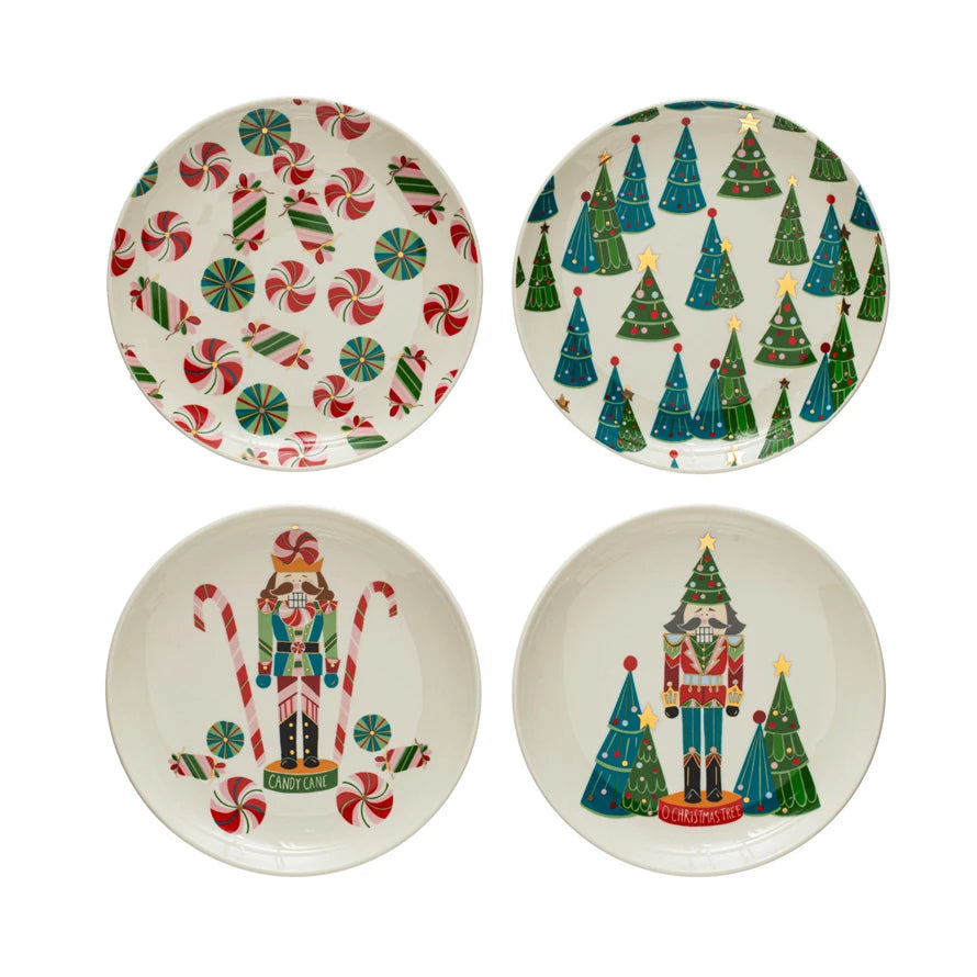 6" Round Stoneware Plate with Holiday Pattern, Set of Four