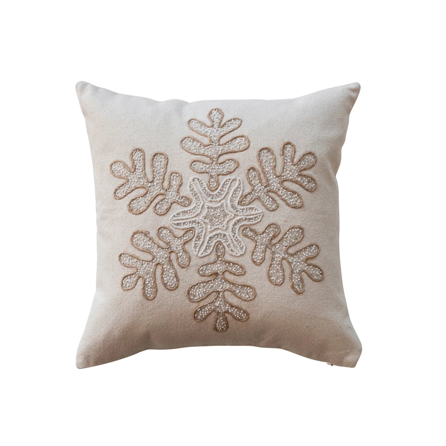 18"Embroidered Snowflake & Beaded Square Cotton Canvas Pillow