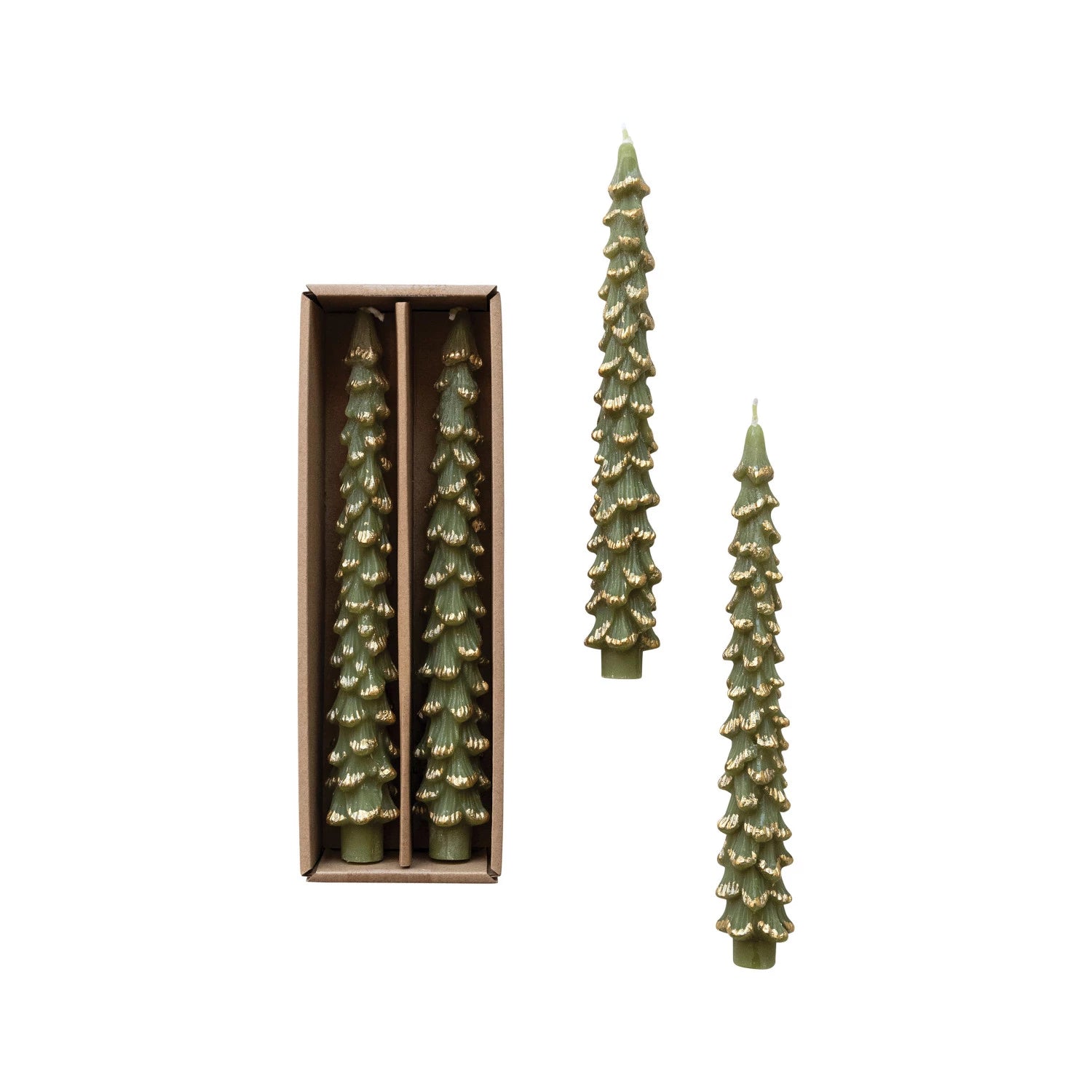 10"h Unscented Tree Shaped Taper Candles with Gold Tips in Box, Color Options