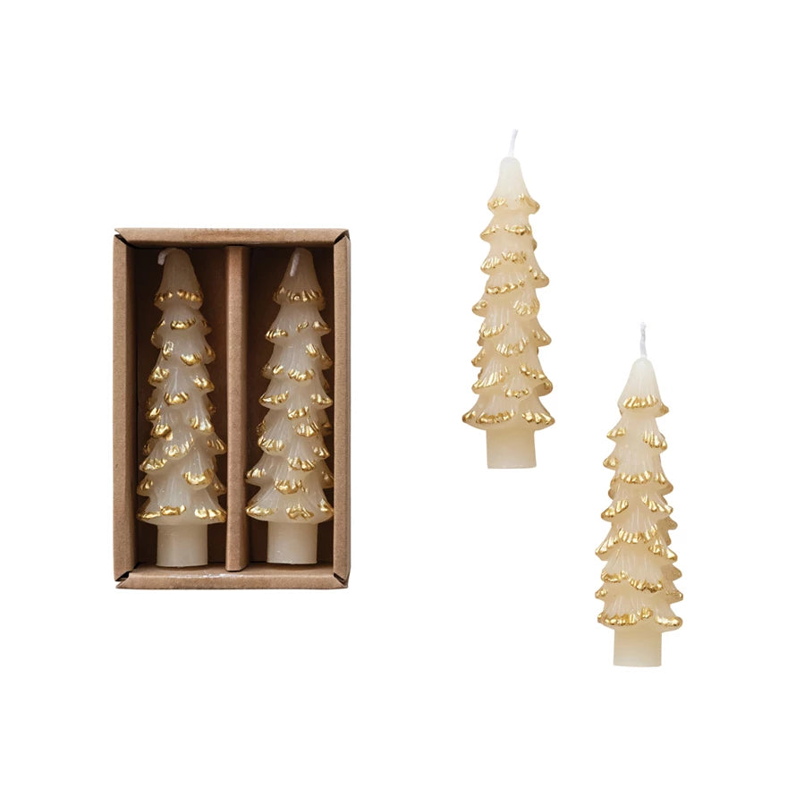 4-3/4"H Unscented Tree Shaped Taper Candles with Gold Tips in Box, Color Options