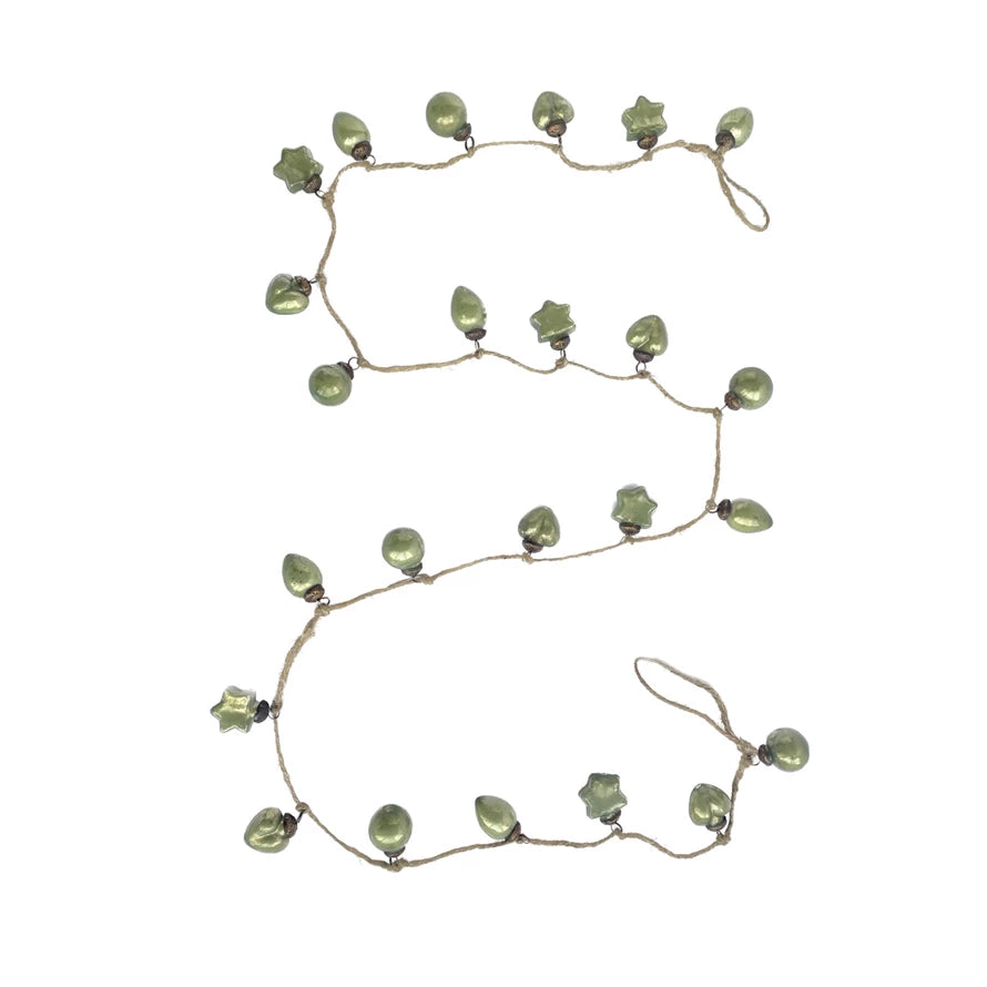 72"L Embossed Recycled Mercury Glass Ornament Garland with Jute Cord, Olive Green