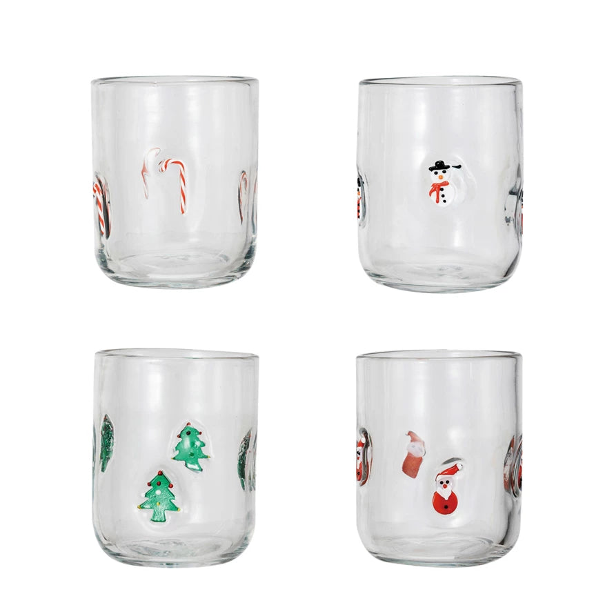 Drinking Glass with Embedded Holiday Icon Pattern, Set of Four