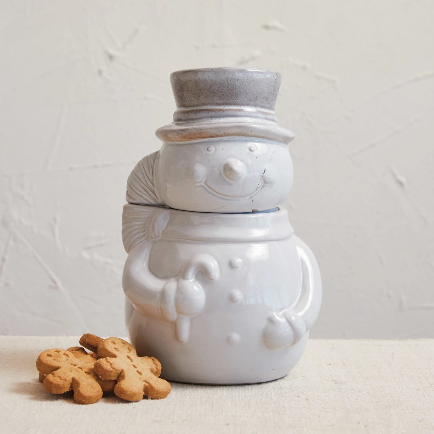 Stoneware Snowman Shaped Cookie Jar, Reactive Glaze