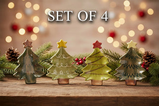 Set of 4 Hand-Painted Stoneware Christmas Tree Dishes