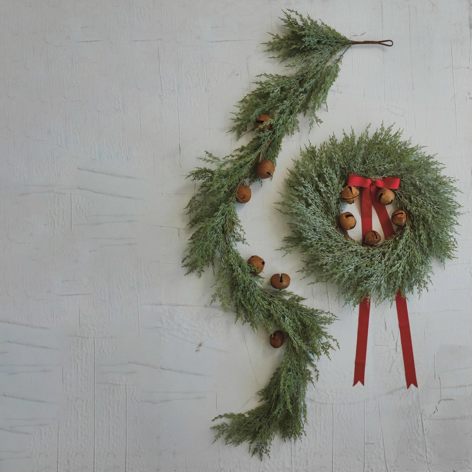 Faux Cedar Garland with Rust Finish Metal Bells