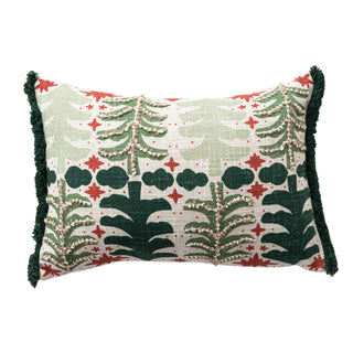 Cotton Slub Printed Lumbar Pillow with Tree Pattern, Embroidery & Tufted Fringe
