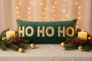 "HO HO HO Cotton Velvet Quilted Lumbar Pillow