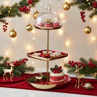 Enameled Metal 3-Tier Tray with Glass Cloche