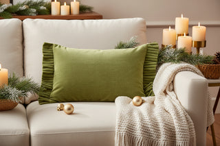 Moss Green Cotton Velvet Lumbar Pillow with Ruffle Trim