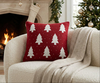 18" Square Cotton Knit Pillow with Tree & Heart Pattern, Red & Natural