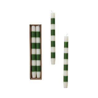 Green Striped Unscented Taper Candle, Set of 2