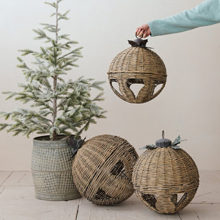 Oversized Hand-Woven Rattan Bell with Metal Leaves, 2 Size Options