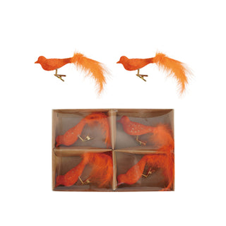 Hand-Painted Glass & Feather Clip-on Bird Ornament, Orange Color, Boxed Set of 4