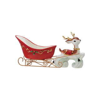 Decorative Ceramic Reindeer with Sleigh Shaped Bowl & Gold Electroplating, Set of 2