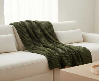 Green Faux Fur Ribbed Throw with Velvet Back