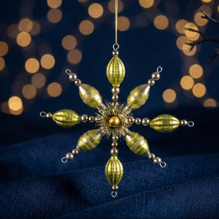Glass Beaded Snowflake Ornament, Silver Finish & Green