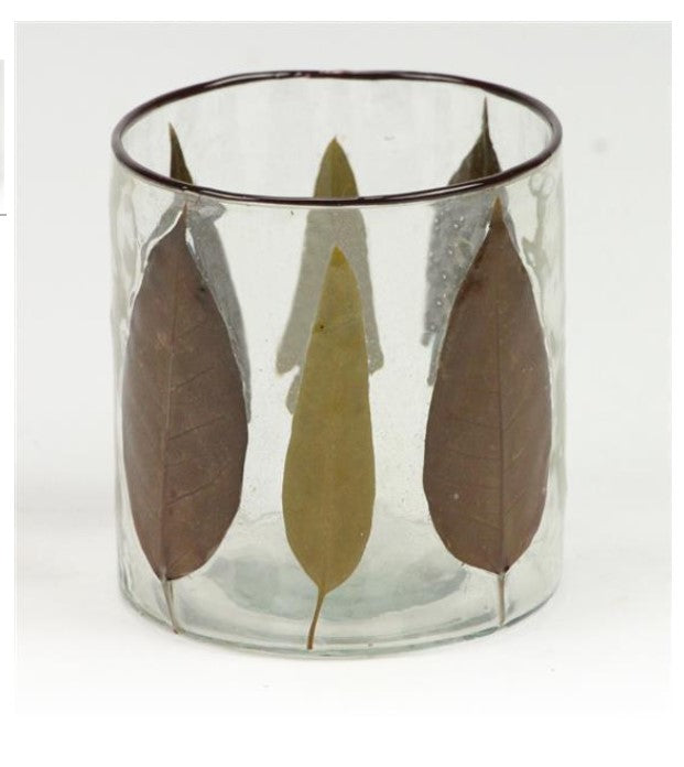 4"DIA X 4"H GLASS/LEAF VOTIVE