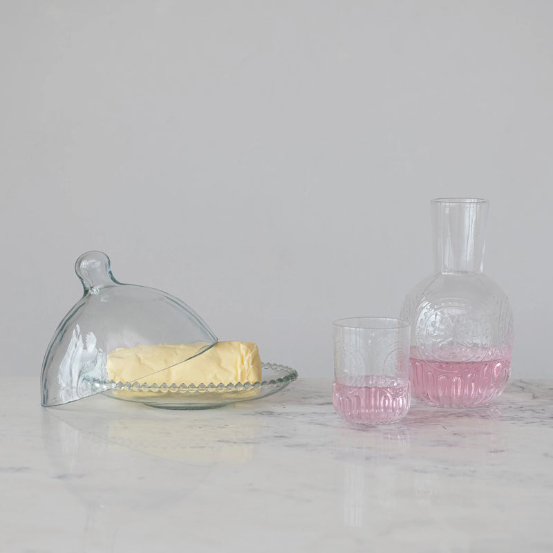 Embossed Glass Carafe with Drinking Glass
