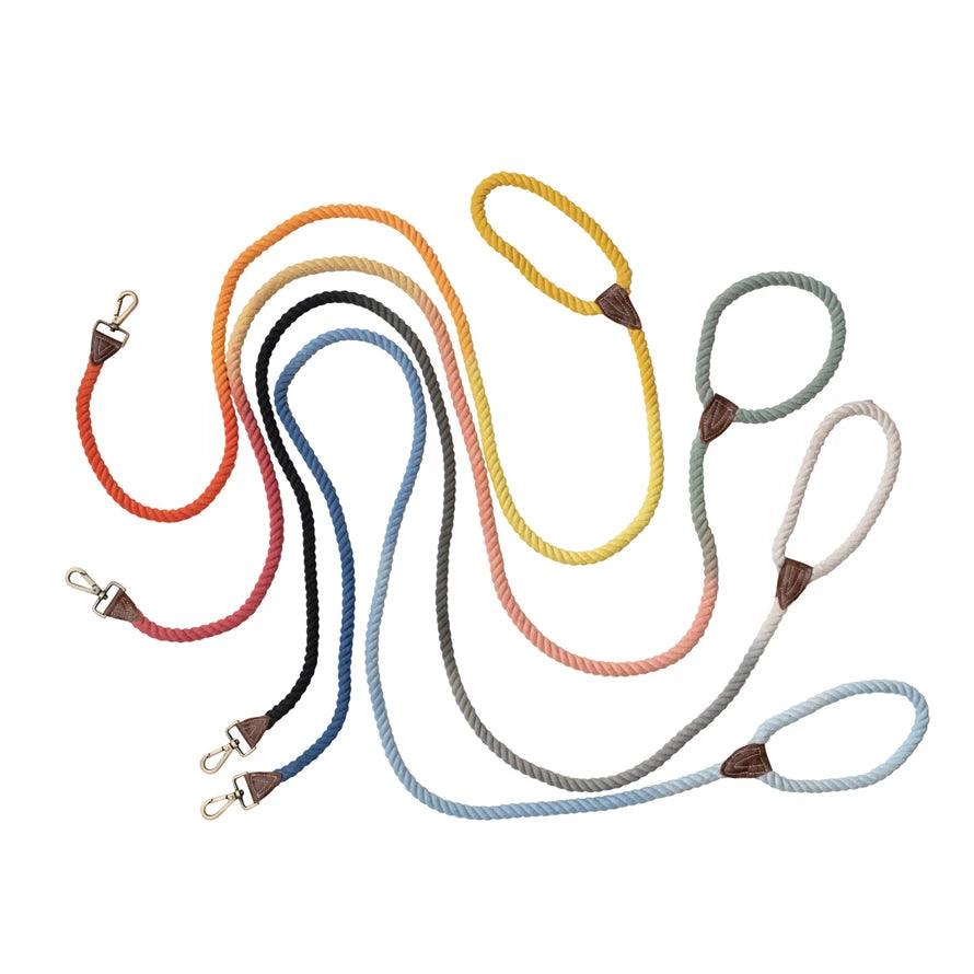 6' Braided Cotton Rope & Leather Dog Leash with Metal Clasp, Assorted Colors