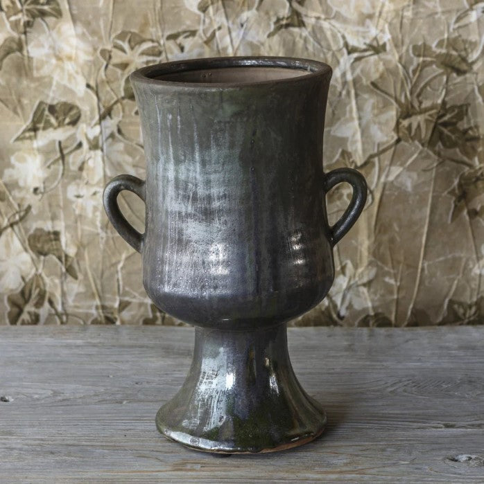 Aged Olive Dripped Glaze Pottery Urn
