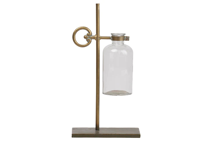 Metal Bud Vase Holder with Side Round Handle and Suspended Glass Bottle Vase