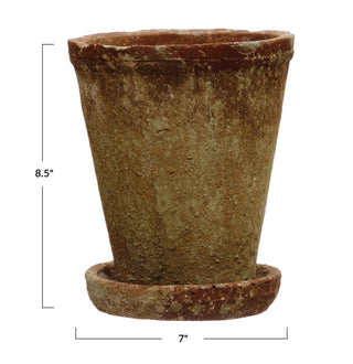 8-1/2"H Distressed Cement Planter with Saucer